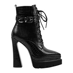 Fall Platform Lace-up Boots With Pointed Toe, High-top Boots With Reinforced Heel For Night Out, Party High-top Boots With Buckle Closure, Fall Lace-up Boots With Platform And Pointed Toe, High Heel Combat Boots With Reinforced Heel, High Ankle Boots With Buckle Closure For Night Out, High Ankle Lace-up Boots For Night Out, Platform Lace-up Ankle Boots For Night Out, Chic Lace-up Boots With Platform And Pointed Toe