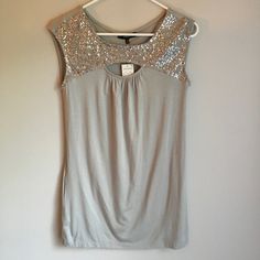 Gray Express Tunic Dress, Silver Sequence On Front. Crew Neck. Never Worn. Size Xs. Fitted Silver Top For Holidays, Fitted Silver Top For Holiday, Holiday Silver Sequined Tops, Holiday Silver Sequin Tops, Fitted Silver Tops For Spring, Embellished Silver Tops For Party Season, Silver Embellished Top For Party Season, Embellished Silver Top For Party Season, Silver Stretch Top For Spring