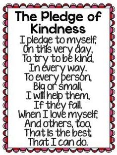 the pledge of kindness is shown in black and white with red trimmings on it