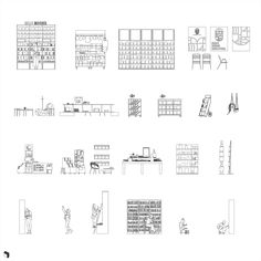 an outline drawing of furniture and shelves in various positions, including tables, chairs, and ladders