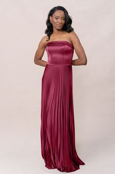 Model: April; Size: 4; Color: Berry Red And Blush Wedding, Garden Wedding Bridesmaid Dresses, Jewel Tone Bridesmaid Dresses, Magenta Bridesmaid Dresses, Jewel Tone Bridesmaid, Satin Pleated Dress, Terracotta Dress, Elevated Wedding, Garden Wedding Bridesmaids