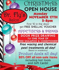 christmas open house flyer with balloons and presents on the front, in red and blue