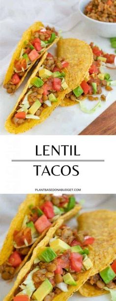 lentil tacos with tomatoes, avocado and lettuce on top