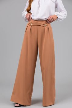 F00231979-102 High Waist Brown Leather Pants, High Waist Brown Pants With Belt Loops, Brown High Waist Pants With Belt Loops, Chic Wide Leg Beige Bottoms, Chic Beige Wide Leg Bottoms, Elegant Stretch Long Pants, Non-stretch High-waisted Beige Pants, Chic Non-stretch Brown Pants, Beige Wide Leg Bottoms With Belt Loops