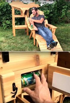 a man is sitting on a bench with beer in his hand and the image shows him eating