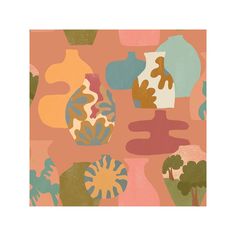 an image of vases with trees and plants in them on a pink wallpaper background