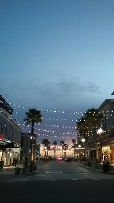 an empty street with palm trees and lights strung across the street from buildings on both sides