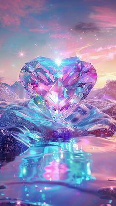 a heart shaped diamond floating on top of water