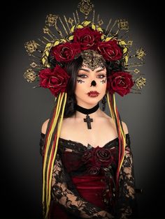 Dia de los Muertos Dark Red Roses Halo Crown Black And Red Floral Crown, Catrina Pink Dresses, Dark Red Halo Crown, Santa Muerte Wreath, Catrina Costume Jewelry, Frida Khalid Costume, Skull Halo Crown, Freida Kahlo Headband, Dia De Los Muertos Headpiece Ideas