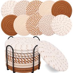 several round rugs are stacked on top of each other