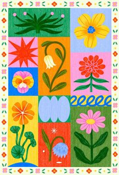 a colorful painting with flowers and plants on it