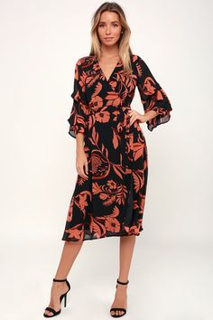 Highlight of my Life Orange and Black Floral Print Wrap Dress Blondie Photography, Maroon Fitted Dress, Lace Bodycon Midi Dress, Dresses Lulus, Backless Midi Dress, Black Print Dress, Printed Gowns, Floral Print Chiffon, Lace Skater Dress