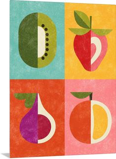 an apple, pear, and orange on four different colored squares with the same color scheme