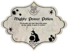 a sign that says mighty power potion with black bugs around it and an image of a wizard on the back