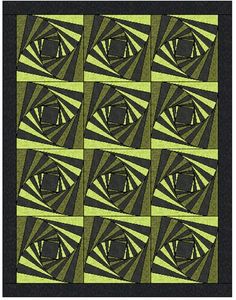 a green and black pattern with squares in the center, on a black background that is very similar to an optical art work