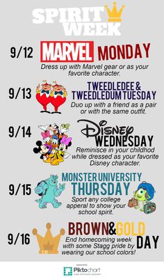 the poster for disney's spirit week is shown in black and white, with an image of various characters