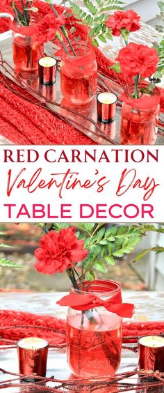 red carnation valentine's day table decor with vases and flowers in them