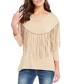 Reba Cowl Neck Knit Top with Faux Suede Fringe Bohemian 3/4 Sleeve Tops For Fall, Bohemian 3/4 Sleeve Fall Tops, Spring Fringe Tops, Casual 3/4 Sleeve Tops For Festival, Long Sleeve Fringe Tops For Festivals, Bohemian Fall Top With Tassels, Long Sleeve Tops With Tassels For Fall, Bohemian Top With Tassels For Fall, Bohemian Tops With Tassels For Fall