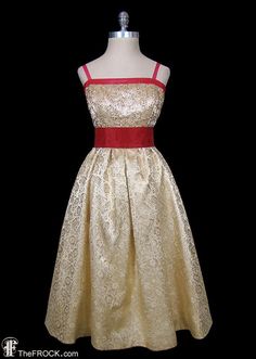 "BIG NEWS After 22 years, our website, TheFROCK.com, has had a makeover. Check out the new site, and join our mailing list for new arrivals.  Vintage Givenchy gold metallic brocade dress with deep pink and red silk taffeta trims. Boned bodice is discreetly beaded in gold micro sequins. Attached crinoline, hidden rear zipper entry. Bust 34\", waist 26\", length 44\". Condition is excellent.     Layaway is available. ALL DELIVERY DATES mentioned by Etsy are ESTIMATES, no delivery date or range is Gold A-line Evening Dress For Gala, Gold Brocade Dress For Gala, Elegant Gold Dress For Costume Party, Vintage Gold Evening Dress For Gala, Fitted Brocade Evening Dress For Party, Fitted Brocade Evening Dress, Evening Dress With Fitted Brocade Bodice, Evening Dress With Fitted Bodice In Brocade, Brocade Evening Dress With Fitted Bodice