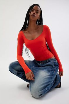 Out From Under Roux Seamless Long Sleeve Top | Urban Outfitters Cheap Stretch Crop Top By Urban Outfitters, Orange Top Outfit, Red Mesh Top, Wardrobe Planner, Concert Top, Red Fits, Turtle Neck Top, Shelf Bra, Jeans For Sale