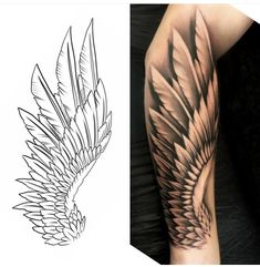 an arm tattoo with black and white lines on the left side of it, next to a drawing of a bird's wing