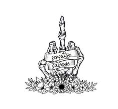 a black and white drawing of a candle with flowers around it