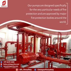 an advertisement with red pipes and valves on the inside of a building, which reads our pumps are designed specifically for the very particular needs of fire protection