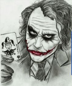 a pencil drawing of the joker holding a playing card with his face painted on it