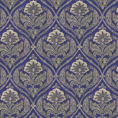 a blue and gold wallpaper with an ornate design