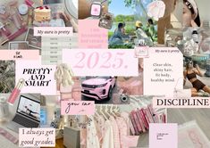 a collage of pictures with pink and white items