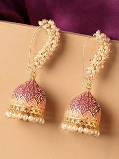 Gold-Toned & Pink Meenakari Enamel Pearls Ethnic Jhumka Earrings VitansEthnics Fashion Jewellery Online, Contemporary Necklace, Fancy Jewellery Designs, Wedding Bridesmaid Jewelry, Jhumki Earrings, Traditional Earrings, Bollywood Style, Indian Earrings, Jewelry Fashion Trends