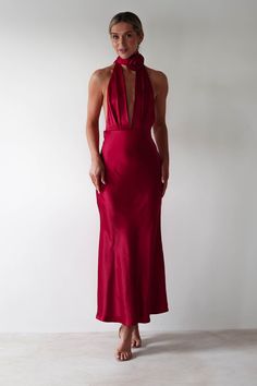 Kaylah Soft Satin Maxi Dress | Cherry Red Cherry Red Colour, Oh Hello Clothing, Cherry Red Color, High Neck Maxi Dress, Red Bridesmaid Dresses, Cherry Dress, Maxi Gown Dress, Satin Maxi, Red Colour