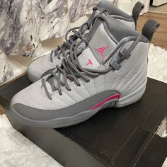 Wolf Grey/ Vivid Pink-Cool Grey Cool Jordans, Wolf Grey Jordans, Nike Shoes Women Fashion, Nike Shoes Air, Grey Jordans, Air Jordan 12, Air Jordan 12 Retro, Jordan 12 Retro, Jordan 12