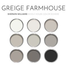 six different shades of grey paint with the words greige farmhousee