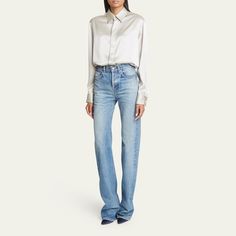 Saint Laurent straight-leg denim jeans  High rise Button/zip fly; belt loops  Five-pocket style  Full length Relaxed fit  Cotton Made in Italy Straight Leg Denim, High Jeans, Denim Jeans, Saint Laurent, Full Length, Tops Designs, Straight Leg, High Rise, In Italy