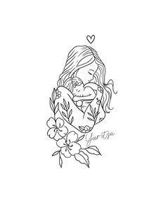 a drawing of a girl with flowers in her hair and the words love on it