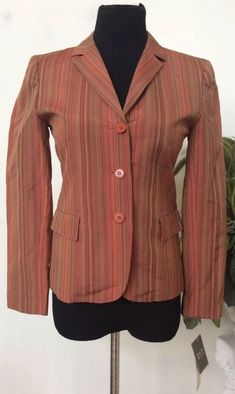 G7). NWT! Beautiful New Kate Hill Women's Orange Multicolor Silk Blend Blazer jacket Coat Size 2P MSRP $108. Can wear to work, night out, interviews, presentation, you name it! Can pair with any color pants or skirts! Features long sleeve stripe jacket with front button closure. Front flap faux pockets. No vent opening. Orange inner lining with shoulder pads for perfect fit. Material: Silk 70%, Linen 30%. Note: all measurements are +/-2 inches. Please see and enlarge pictures. Excellent conditio Fall Cotton Sport Coat For Office, Office Cotton Sport Coat With Long Sleeves, Brown Cotton Blazer For Fall, Casual Multicolor Blazer With Pockets, Designer Long Sleeve Cotton Blazer, Brown Cotton Workwear Blazer, Brown Cotton Blazer For Work, Tailored Vintage Cotton Outerwear, Brown Fitted Cotton Sport Coat