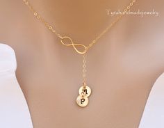 Description    1. a 24k gold dipped sterling silver infinity charm (19x8mm)  2. a 14k gold filled disc (22ga, 3/8) stamped with an initial in Gold Infinity Necklace, Friendship Forever, Infinity Necklace Gold, Sideways Initial Necklace, Infinity Charm, Mens Silver Necklace, Infinity Necklace, Monogram Necklace, Bridesmaid Necklace