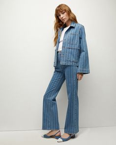 Made from premium Italian denim, our cool-girl twist on a classic chore jacket features stripes, exaggerated sleeves, and a slightly cropped cut. Four patch pockets finish the look. Wear with the matching Crosbie jean for a chic denim-on denim set. Striped Denim Jacket, Denim Chore Jacket, Four Patch, Denim Set, Striped Denim, Exaggerated Sleeves, Denim Chic, Chore Jacket, Veronica Beard