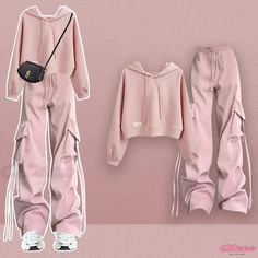 Qteee - Premium Pure Color Crop Hoodie with Convenient Pocketed Cargo Pants Cotton Long Sleeve Tracksuit With Pockets, Pink Drawstring Sweatpants For Streetwear, Casual Winter Tracksuit With Pockets, Casual Fall Hoodie With Cargo Pockets, Casual Hooded Tracksuit For Spring, Fall Streetwear Tracksuit With Pockets, Fall Tracksuit With Pockets For Streetwear, Pink Long Sleeve Tracksuit With Pockets, Pink Casual Winter Tracksuit