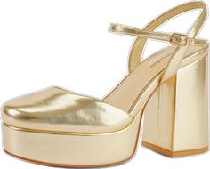 Gold Block Heel Wedding Shoes For Summer, Gold Wedding Shoes With 4-inch Heel For Summer, Gold Heels For Spring Wedding Guest, Gold Heels For Wedding Guest In Spring, Gold Ankle Strap Wedding Shoes For Spring, Chic Gold Wedding Shoes For Guests, Gold Wedding Shoes With 4-inch Block Heel, Chic Gold Heels For Wedding Guests, Glamorous Gold Wedding Shoes For Party Season