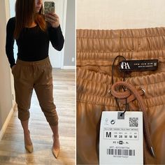 Nwt Zara Pleather Joggers. Size Medium Stretch Brown Leather Pants For Spring, Brown Stretch Leather Pants For Spring, Beige Casual Leather Pants For Work, Casual Beige Leather Pants For Work, Zara Brown Pants For Fall, Zara Brown Fall Pants, Zara Casual Leather Pants, Casual Beige Leather Pants For Fall, Zara Stretch Brown Pants