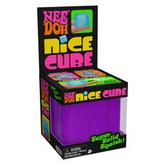 a purple and black box with the words doh nice cube on it