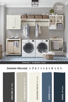 a laundry room with shelving, cabinets and other items in shades of blue, gray, white, and beige