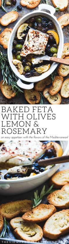 baked feta with olives and rosemary is served in a white casserole dish