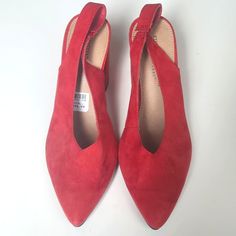 Christian Siriano Women's Red Faux Suede Heels, Size 9.5 Brand New! Chic Red Slingback Pumps With Block Heel, Chic Red Block Heel Slingback Pumps, Red Low Heels With Stacked Heel, Red Low Heel With Stacked Heel, Red Low Heel With Stacked Design, Red Stacked Low Heel Shoes, Red Almond Toe Heels With Stacked Heel, Red Suede Pointed Toe Heels, Red Closed Toe Court Shoes For Spring