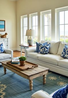 Coastal Style Decorating ideas, Coastal Style Decorating Blue And White Living Room, Room On A Budget, Coastal Style Decorating, White Furniture Living Room, White Sofa, Cottage Living Rooms, Coastal Living Room