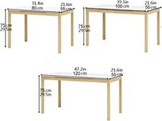 three tables are shown with measurements for each table and one is not in the image