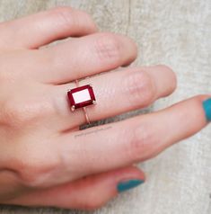 Ruby Rectangle Ring, Ruby Square Ring, Ruby Ring With Rectangular Stone For Anniversary, Rectangular Ruby Ring Gift, Rectangular Ruby Ring For Gift, Red Emerald Cut Birthstone Ring, Emerald Cut Red Birthstone Ring, Red Emerald Cut Birthstone Promise Ring, Emerald Cut Ruby Ring As A Gift