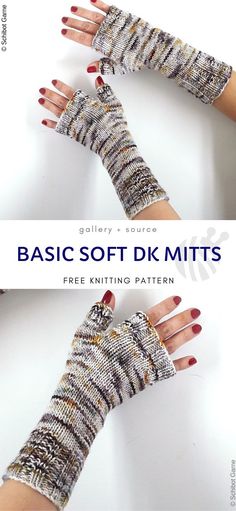 two hands wearing knitted gloves with text that reads basic soft dk mitts